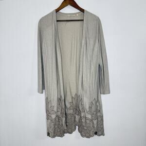 Soft Surroundings Light Gray Open Front Cardigan with Floral Lace Hem